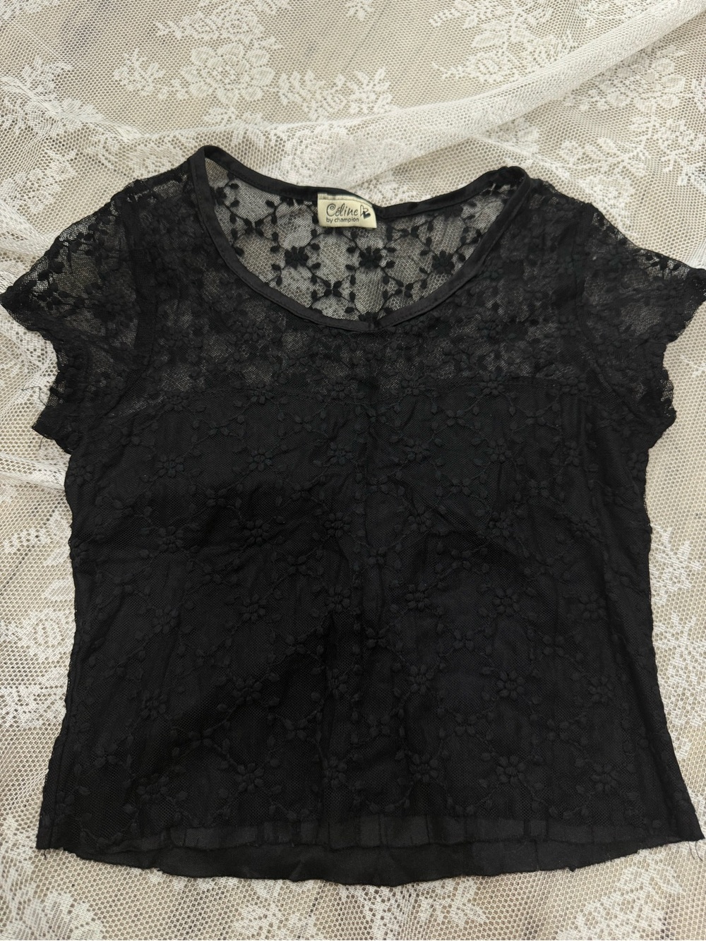 Celine Black Floral Lace Short Sleeve Top